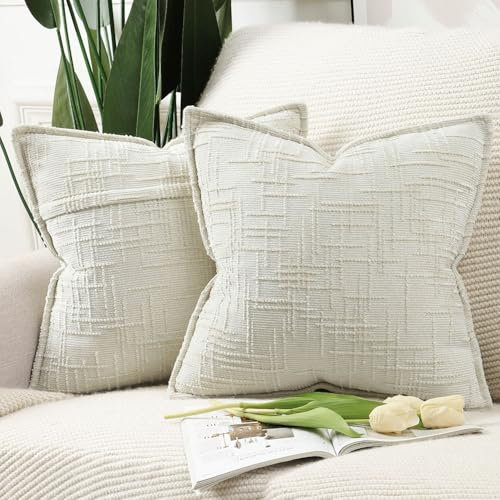 Madizz 2er Set Chenille Dekorativ Kissenbezüge Weiche neutrale Wurfkissen für Sofa Boho Akzent Zierkissenbezüge für Schlafzimmer Wohnzimmer Modernes Zuhause Dekor Crèmeweiß 45x45 cm
