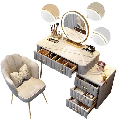 Schminktisch mit 36-Zoll-HD-beleuchtetem Spiegel, Schminktisch mit Spiegel mit 3-farbiger LED-Beleuchtung, Frisiertisch mit 11 Schubladen und Ablagen, Glasplatte für Schlafzimmer (Natur-Eiche)