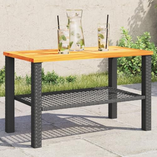 Emmtore Gartentisch Schwarz 70x38x42 cm Beistelltisch für Garten Terrasse, Couchtisch mit Holzplatte, Balkontisch Kaffeetisch Gartenmöbel, Poly Rattan Akazienholz