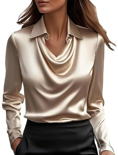 Chemisier Femme - Satin - à Col Rond - Manches Longues - Chemisier Femme Chic et Élégante - Décontracté - Soie Shirts Tops - Chemisiers et Blouses Femmes de Travail de Bureau