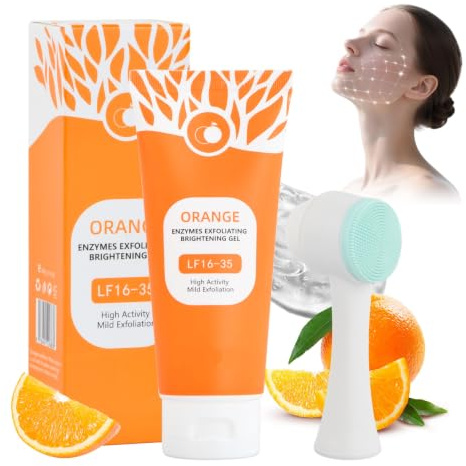 2pc Natürliches Orange Enzymes Peeling Gel mit Gesichtsbürste, Exfoliating Aufhellendes Gel, Gesicht Porenreiniger für Alle Haut, Exfoliating-Reinigungsgel, Pflegt und Spendet, Verfeinert das Hautbild