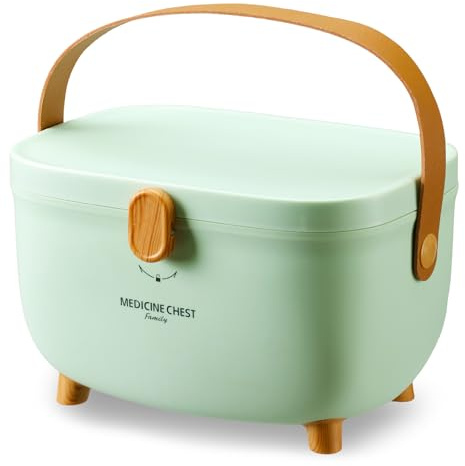 Nymblis Medicine Storage Box, Double Layers Portable Medicine Box, Green | Multi Grid Medication Storage Cabinet, with Leather Handles, Lockable First Aid Organiser, for Home School Office
