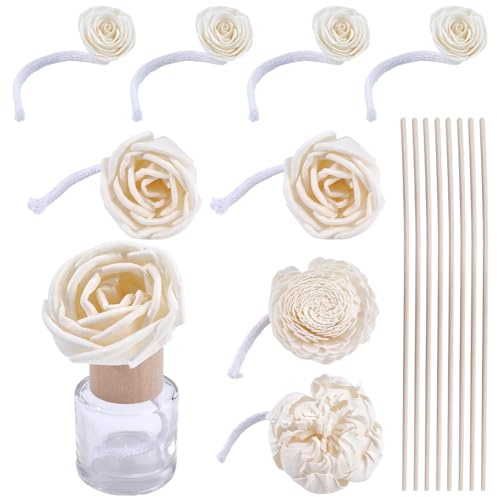 WEBEEDY 8 Pcs Flower Reed Diffuser with 8 Pcs Rope, White Sola Wood Flowers with Cotton Wick & Reed Diffuser Rattan Sticks for Bedroom Bathroom Office Home Aromatherapy Decoration, Flower in 4.5-8 cm