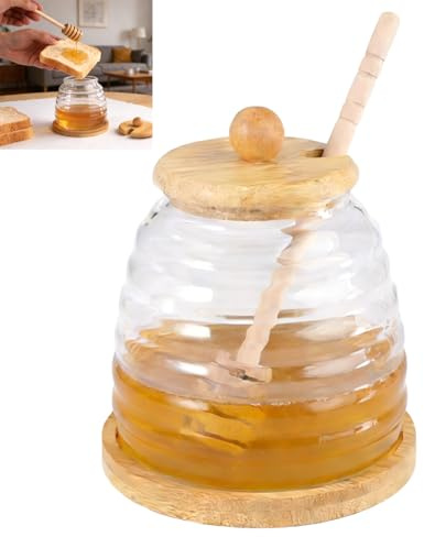 DGN Tarro para Miel con Tapa de Madera, 500ml Recipiente de Crista, Bote para Miel con Cuchara y Base Estable, Transparente Dispensador para Almacenamiento y Dispensación de Miel y Sirope