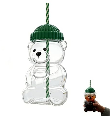 bafeooo Bear Cup, Cute Glass Cup Clear Bear Straw Cupes Cute Cups Iced Coffee Cupes Glass Cups with Lids and Straws Iced Coffee Glasses Milk Tea Gifts for Women Girls Friends