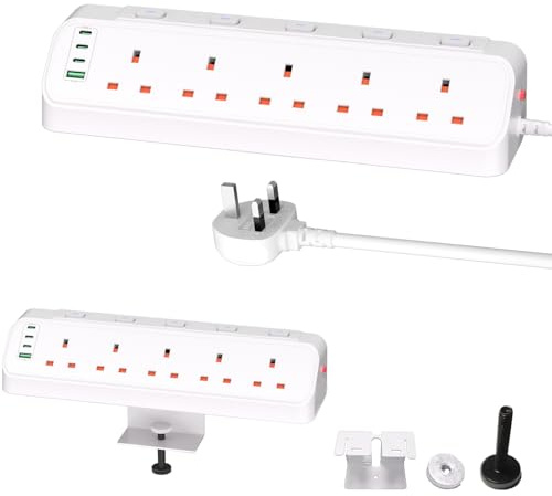 Desk Clamp Power Strip UK, 5 Way Corner Outlets with 4 USB, 3250W Overload Protected Extension Lead with Individual Switches, 1.8M Cable, Wall/Desk Mounted Power Socket for Home Office Kitchen (White)