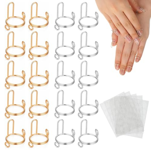 20Pcs Nail Rings Set With 120 Adhesive Tabs Detachable Reusable Nail Ring | No Glue Gold And Silver Metal Fingernail Rings Adjustable for Women Nails Art Decoration