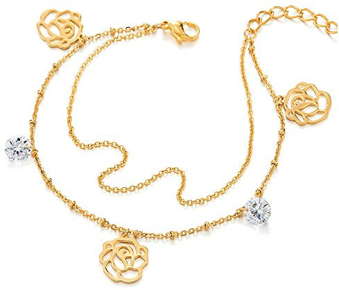 COOLSTEELANDBEYOND Deux Rangs Acier Or Femme Bracelets de Cheville avec Pendantes Rose, Zircone Cubique et Grelot