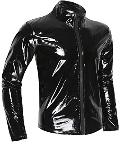 TiaoBug Herren Langarmshirt schwarz Wetlook Kunstleder Jacke Hemd T-Shirt Slim Fit Männer Glanz Tops mit Stehkragen und Reißverschluss Party Clubwear M-XXL Schwarz 1 L
