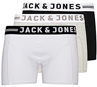 JACK & JONES Herren Set 3er Pack Sense Trunks Boxershorts Stretch Unterhose Slim Basic Unterwäsche, Farben:Weiß-Grau-Schwarz, Größe:L