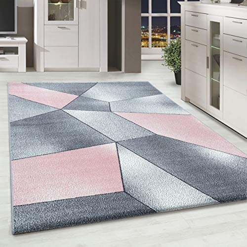HomebyHome Teppich Wohnzimmer 80x150 cm Läufer Flur Rosa Abstrakt Geometrisch Design - Schlafzimmer Teppich Kurzflor Extra Weich Pflegeleicht Teppiche für Küche Esszimmer Jugendzimmer