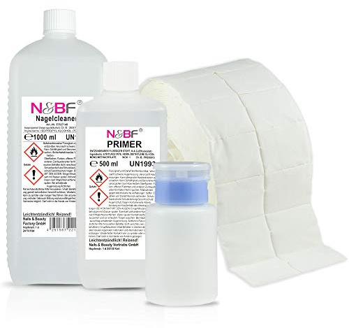 NAILS FACTORY | N&BF Spar Set Nagel Cleaner 1000ml & Primer 500ml + Dispenser Blau & 1000 Zelletten Tupfer – Cleaner für Gelnägel – Haftvermittler – Nail Cleaner 1L – 70% Isopropanol 30% Wasser