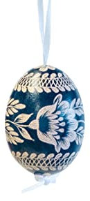 Holz-Leute Osterei blau gekratzt für die Osterdeko, Bezaubernder Schmuck für Ihren Osterstrauch, inkl. Band zum Aufhängen, echtes Hühnerei, 1 Stück
