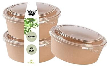 DeinPack 300 Salatschale to go mit Deckel braun rund 1300 ml I Salatschale Kraftkarton Verpackung mit PLA Innenbeschichtung I Deckel aus recyceltem PET