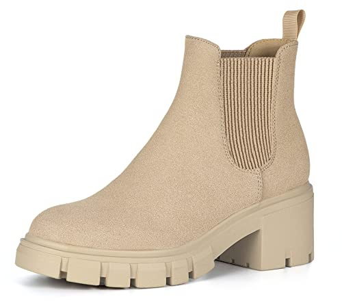 Athlefit Women's Chelsea Boots Fashion Lug Sole Chunky Heel Slip on Elastic Ankle Nude Booties Size 8