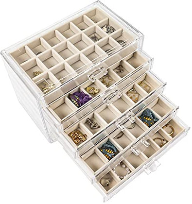 Nwvuop Acryl Schmuckschatulle 5 Schubladen Schmuckkästchen Ring aufbewahrung Schmuckaufbewahrung Organizer für ohrringe Ring Jewellery Organizer Beige