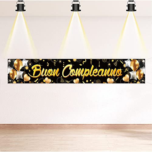 DPKOW Italiano Buon Compleanno Striscione per Feste di Compleanni Decorazioni, Tessuto Striscione per Compleanno Esterno Giardino Decorazione, Oro Nero Buon Compleanno Addobbi, 218 * 35cm
