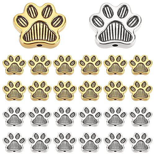 PandaHall 80 Stück Niedliche Hund Pfote Perlen, Metall Tier Fußabdruck Charme Europäischen Abstandsperlen für DIY Handwerk Ohrring Armband Schmuck Machen, Antik Silber/Gold, Loch: 1,4mm/0,06 Zoll