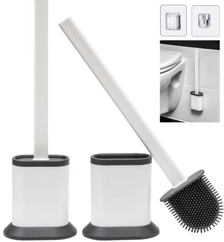 SALAROT Toilet Brush. 2 Pack Hygienic, Soft, Flexible Bristles and Quick Drying Silicone Toilet Brush with Holder. Wall Mounted Or Flat Use Loo Brush. White Elegant Design For Bathroom Cleaning Brush