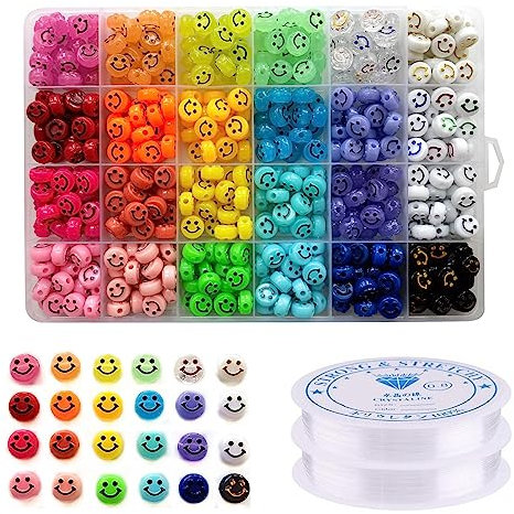 Lnvision 480 Stück Smiley Gesichtsperlen, 24 Farben Bunte Smiley Perlen Acryl Leuchtperlen DIY Bastelperlen zum Auffädeln Schmuck Basteln Zubehör und 2 Rollen Kristalllinie für Armbänder