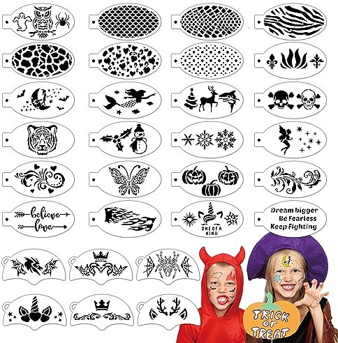 OOTSR 30 Plantilla de Pinturas Cara para Niños Adulto, Plantilla de Pintura Facial Halloween Reutilizable para Fiestas de Maquillaje Carnaval