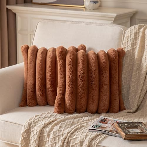 Yaertun 2er Set gestreifte Kissenbezug 60x60cm Braun dekorative Kissenbezüge Sofakissen Dekokissen Wurfkissenbezug zierkissenbezug plüsch Kunstfell Kissenhülle Schlafzimmer Wohnzimmer