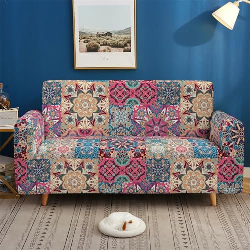 Sofa überzug Vintage Brown Mandala Sofabezug Elastischer Couch überzug Waschbar Sofa Cover Universal Sofabezug l Form Sofaüberwurf Sofaschoner Für Hunde Haustiere Sofahusse 3 Sitzer