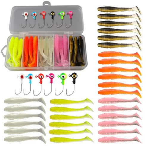 36 Pcs Fishing Lures with Heads Hooks Kit Artificial Soft Plastic Grubs Soft Fishing Soft Lures for Bass Freshwater Saltwater Crappie Trout
