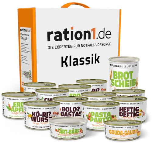 ration1 Notration Fertigessen Set, Notfallnahrung 10 Jahre haltbar | Frühstück, Hauptgerichte, geschnittenes Brot in der Dose, als Notfallnahrung, Camping Essen, Wandern, Outdoor und Festival