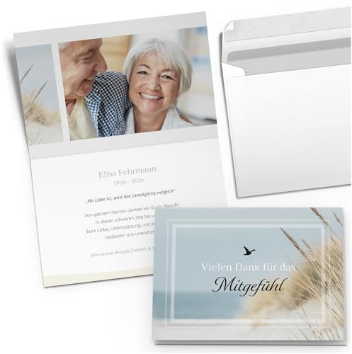 10 Trauer Danksagungen Dankeskarten PERSONALISIERT mit Text und Foto | Individuell anpassbare Trauerkarten mit Briefumschlägen | Karten Design Meer Seebestattung Strand Düne See