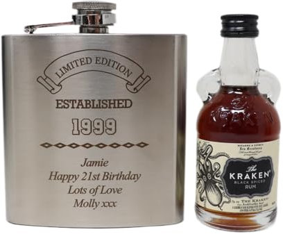 Personalised Engraved Stainless Steel Silver Hip Flask & Miniature Alcohol Bottle - Established Birthday Design - 21st Birthday Gift for Son/Boys (Black Spiced Rum/No Gift Box)