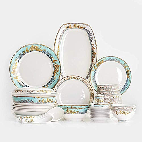 Platos llanos, vajilla de cerámica, vajilla de 56 piezas, servicio para 10 personas, vajilla familiar, estilo vintage de la corte real, para Pascua, Navidad u otras cenas festivas