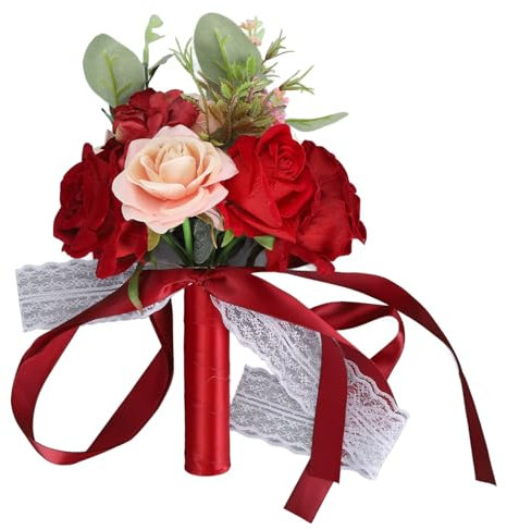 ZHDOKA Bouquet de Mariage de 10,2 Pouces pour Mariée, Demoiselle D'honneur, Bouquet de Roses Artificielles, Bouquet de Main de Mariée Romantique avec Ruban Rouge et Blanc, Bouquet de Fausses Roses Pou