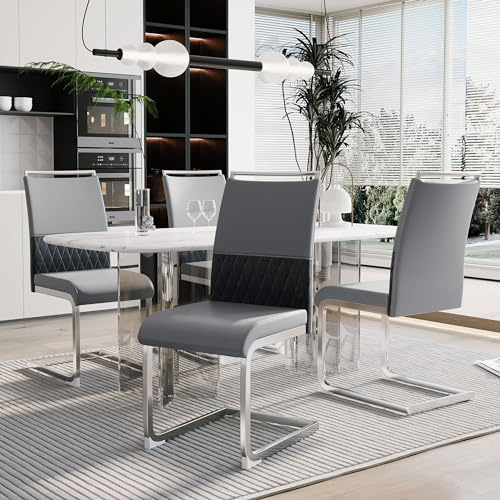 Goeria Moderne Esszimmerstühle Set, Rücklehne aus PU Kunstleder und Leinen, hoher Rücken gepolstert Side Chair, Küche, Querstreifen Rückenlehne Design für Esszimmer, Gast Bürostuhl (4, grau)