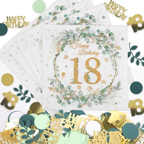Servietten 18. Geburtstag - 40 Stück Happy Birthday Mit Konfetti, Deko Eukalyptus, Tischdeko