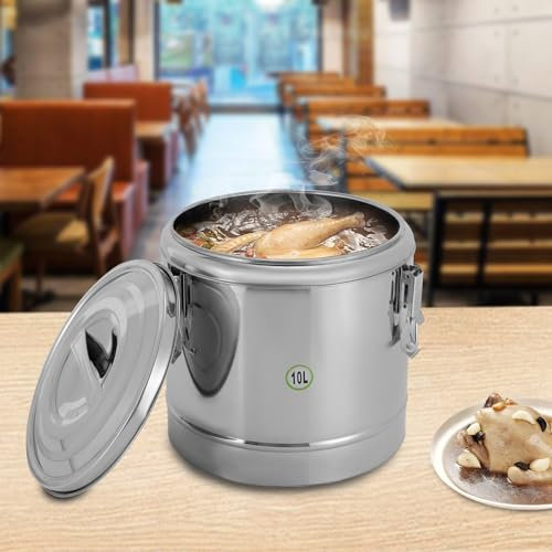 KinHall Food Insulated Bucket, 10L Stainless Steel Insulated Soup Transporter Thermal Transport Container for Outdoor Picnic Travel