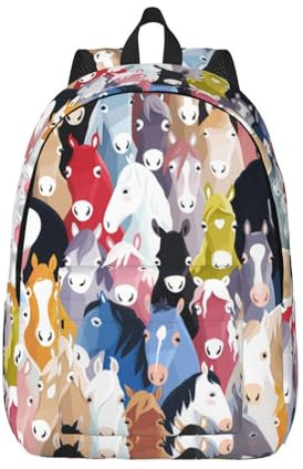 ESASAM Rucksack aus Segeltuch mit buntem Cartoon-Pferdedruck, stilvoller und langlebiger Leinen-Rucksack, Schwarz , S
