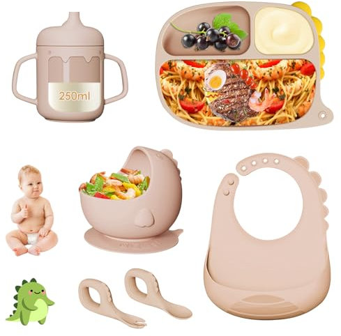 Bwaliffury Vajilla Bebe Silicona 6 Piezas, Juego Vajilla Bebe, Plato Con Ventosa para Bebés, Cuenco Con Ventosa, Babero Silicona Bebe, Taza de Agua Potable para Bebés, Cuchara/Cuenco, Sin BPA (Beige)