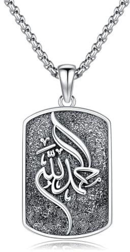 ROMANTICWORK Allah Kette Sterling Silber 925 Islam Kette Muslimische Halskette Arabische Kalligraphie Alhamdulillah Erkennungsmarke Anhänger Islamischer Schmuck Geschenke für Männer Herren Damen