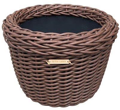 ERSTON GARDEN Rattan Round Plant Pot | Wicker Basket Pots For Plants | Outdoor Planters | Indoor Plant Pot | Plastic Basket | Large Wicker Basket (Dark Wood, Medium)