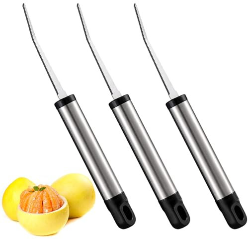 3PCS Stainless Steel Grapefruit Knife,Serrated Edge & Round Handle,Kitchen Fruit Peeler Curved Carving Tool for Kiwi, Mango, Dessert, Apple, Citrus Fruit