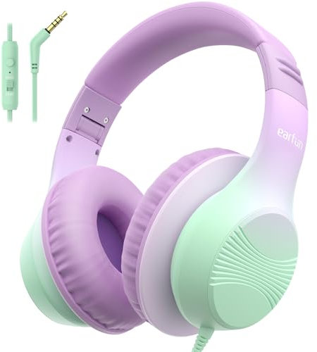 EarFun Kids Headphones Wired, Over Ear Foldable Headphones with Microphones, 85/94dB Safe Volume Limit, HD Stereo Sound, 3.5mm Jack, School/Travel/Boys/Girls/Teen/Tablet/Pad, Violet Green Gradient