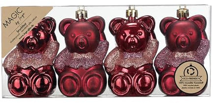 Inge-glas Christbaumschmuck Teddybären 8cm Kunststoff 4er Set - bruchsicher & mit Glitzer - Christbaumkugeln für Weihnachtsbaum - Weihnachtsbaumkugeln & Weihnachtsbaumschmuck Weinrot - Bordeaux Red