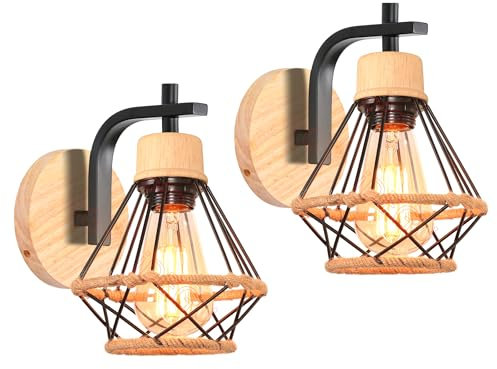 iDEGU Lot de 2 Applique Murale Industrielle, 16CM Vintage Lampe Murale Interieur en Fer Bois Decoration Rétro Luminaire avec Corde de Chanvre E27 Éclairage Mural pour Chambre Salon Cuisine (Noir)
