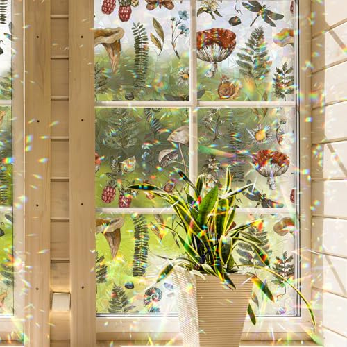 funlife Privacy Rainbow Window Film, Watercolor Static Cling Window Stickers, Non-Adhesive Double-Sided Glass Film, Vintage Daisy and Mushroom 43X300CM