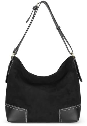 VINBAGGE Damen Handtasche Shopper Groß Hobo Bag Vintage Umhängetasche Gross Suede Tasche Beuteltasche Schultertasche Schule Arbeit für Frauen - Schwarz