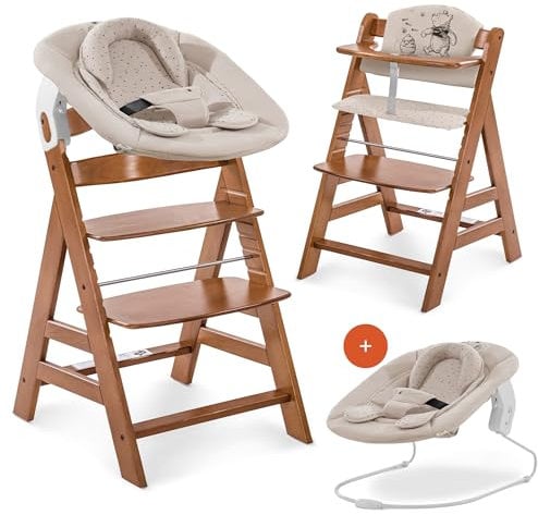 hauck Hochstuhl Alpha+ Newborn Set mit 2in1 Bouncer - Mitwachsender Holz Babyhochstuhl ab Geburt, inkl. Sitzauflage & Neugeborenenaufsatz - Walnuss | Winnie the Pooh