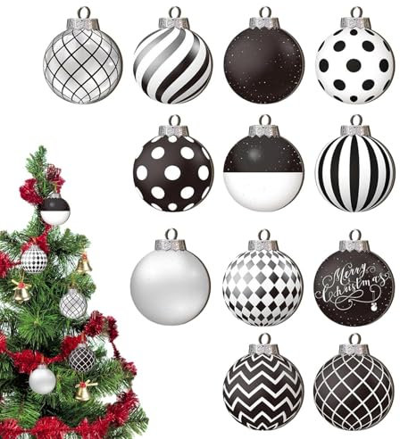 Weihnachtskugeln Schwarz Weiß, 12 Stück Christbaumkugeln Schwarz Weiß, 2D Weihnachtskugeln Schwarz aus Holz, Weihnachtsbaum Kugeln Weihnachtsbaumschmuck Für Weihnachtsdeko Innen Aussen