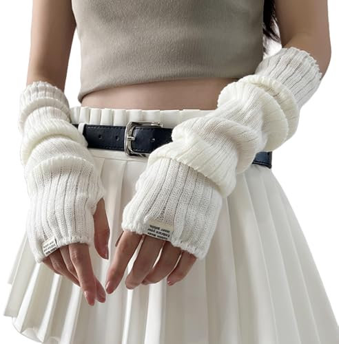 FFWTPY Fingerhandschuhe Damen Armstulpen Damen Winter Halb Fingerlose Handschuhe Warm Gestrickte Handschuhe Für Damen Fingerhandschuhe Damen Handwärmer Stulpen Fäustlinge Damen(Weiß)