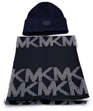 Michael Kors Schal & Mütze SET I Winterschal I Beanie I Wollschal I Wintermütze I One Size I Weiche Acrylwolle I Logo I Schwarz-Weiß I Geschenkkarton5317